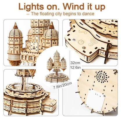 3D Wooden Puzzle for Adults – SkyCity Floating Castle Music Kit with LED Lights & Rotating Mechanism, DIY Mechanical Building Set, Hobbies Puzzle Models for Teens & Collectors - style: SkyCity Floating Castle
