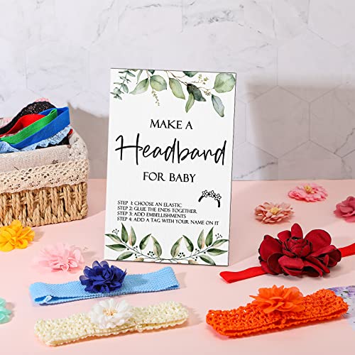 Geosar Baby Shower Games DIY Headband Making Kit Include Wooden Game Sign Elastic Cute Flowers Hairbands Round Fabrics and Tape Makes 30 Headbands for Baby Shower Guest Games(Greenery) - style: Greenery