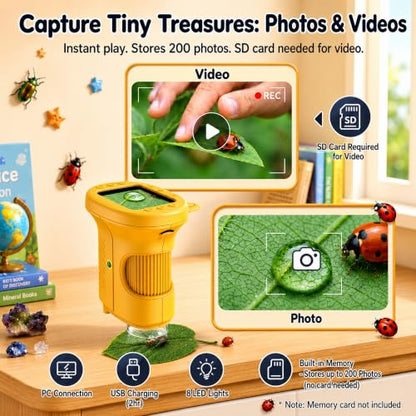 Kids Microscope, 4K 1000X Zoom, 2.4" Screen, STEM Toy for Ages 4-8 - color: Yellow