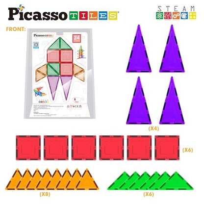 PicassoTiles Magnet Tile Building Block Set Magnetic Construction Square Triangle Tiles Toy Kit Sparking Creativity Geometric Shapes STEM Educational Learning Brain Development Kids Ages 3+ PB24 - color: 24 Pcs