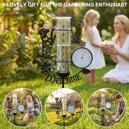 37.8" Rain Gauge Outdoor with Thermometer, Cute Dog Garden Rain Gauges - color: Black - Dog