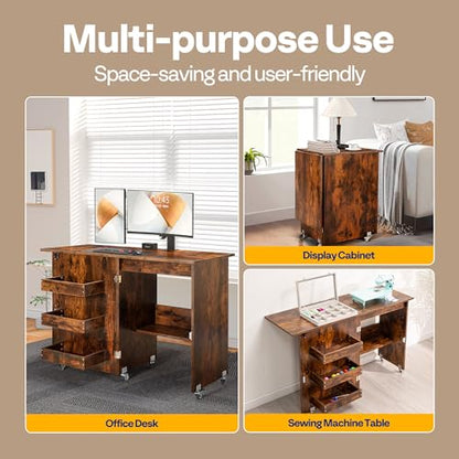 VIVOHOME Folding Sewing Table for Sewing Machine, Sewing Desk with Storage - color: Rustic Brown