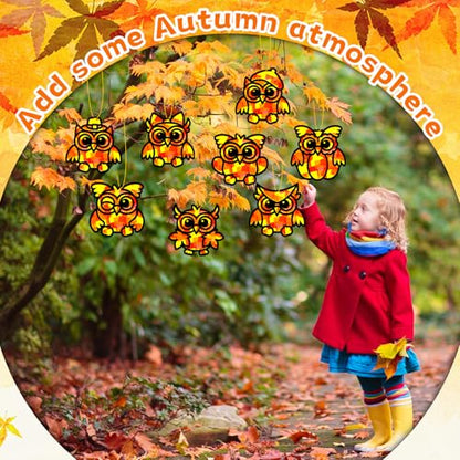 QOUBAI 32 Sets Fall Owl Suncatchers Craft Kit DIY Window Stained Glass Effect Autumn Owl Paper Crafts Home School Classroom Decoration Kid Birthday Gift Creative Art Project Activity Game - style: Fall Owl