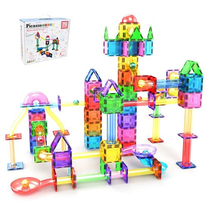 PicassoTiles 70 Piece Marble Run Magnetic Tiles Race Track STEM Ages 3+ - style: Marble Run 70pcs