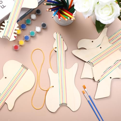 Syhood 36 Pcs 18 Sets DIY Wood Guitar (6 Difference Designs) with Pigments (6 Colors), DIY Wood Instruments Gift for Crafts Art Birthday Music Theme Party(Trendy Style) - style: Trendy Style