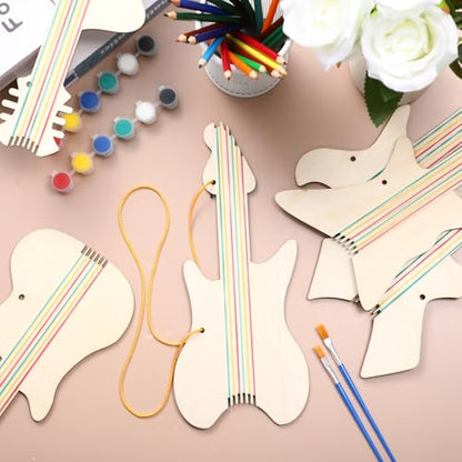 Syhood 36 Pcs 18 Sets DIY Wood Guitar (6 Difference Designs) with Pigments (6 Colors), DIY Wood Instruments Gift for Crafts Art Birthday Music Theme Party(Trendy Style) - style: Trendy Style