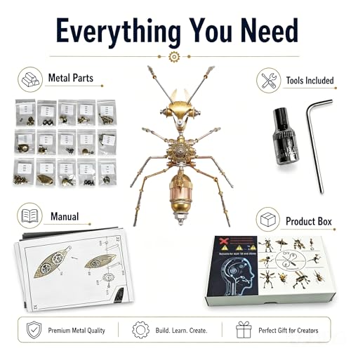 Steampunk Ant 3D Metal Puzzle Model Mechanical Kits 150+ Parts 2-3 Hours Build No Glue Assembly Cool Desk Decor Christmas & Birthday Gift for Adults Men(Ant) - style: Ant