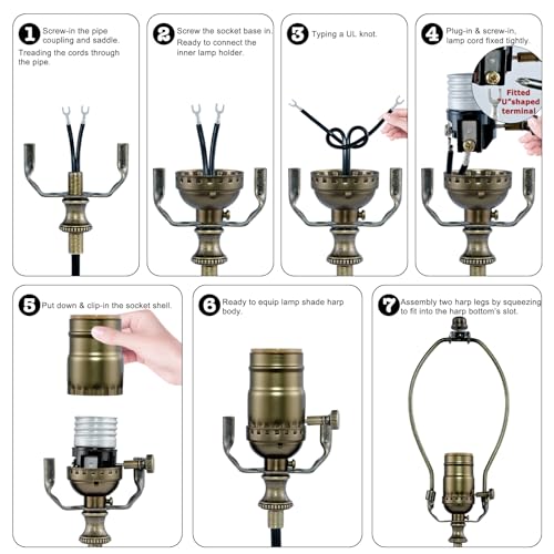 Lamp Rewire Kit - 3-Way Socket With Matching Cord and Harp Set for Table or Floor Lamp Repair, Essential Hardware for DIY Design (Antique Brass, 1) - style: Antique Brass
