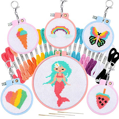 Pllieay 6 Pcs Cross Stitch Kits for Beginners for Kids 7-13 - size: Round Embroidery Hoops