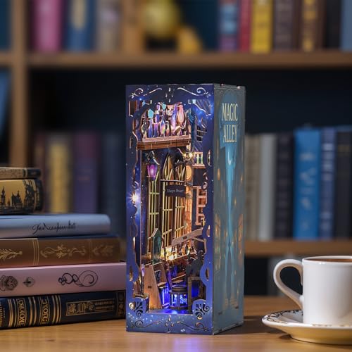 Magic Alley Book Nook Kit - DIY Miniature House Kit for Adults, Teens and Beginners, Magic Miniature Diorama with LED Light, 3D Wooden Puzzle Bookend Bookshelf Insert Decor, Gifts for Fantasy Lovers - style: Magic Alley