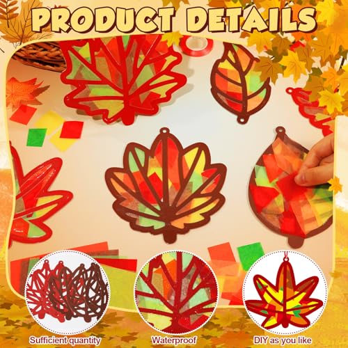 Qyeahkj 36 Set Fall Maple Leaves Suncatchers Crafts for DIY Autumn Window Tissue Paper Crafts Kit Thanksgiving Maple Hanging Decor for Fall Home Activity Art Project Birthday Party Favor Gift - style: Fall Maple