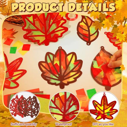 Qyeahkj 36 Set Fall Maple Leaves Suncatchers Crafts for DIY Autumn Window Tissue Paper Crafts Kit Thanksgiving Maple Hanging Decor for Fall Home Activity Art Project Birthday Party Favor Gift - style: Fall Maple