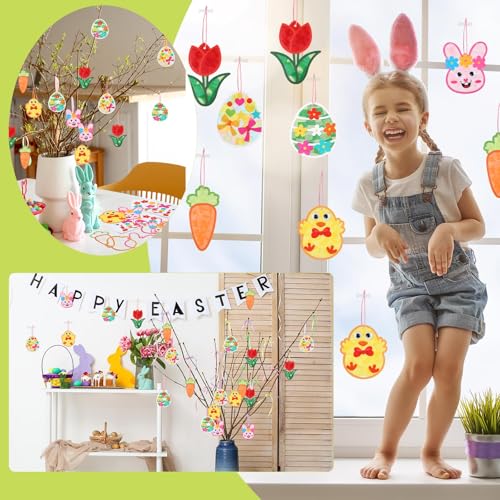 Feifeiya 24 Pack Easter Suncatcher Craft Kit Easter Window Art Kit Bunny Carrot Egg Crafts Window DIY Tissue Paper Suncatcher Decoration Ornament for Classroom Art Party Favor Supplies - style: Easter