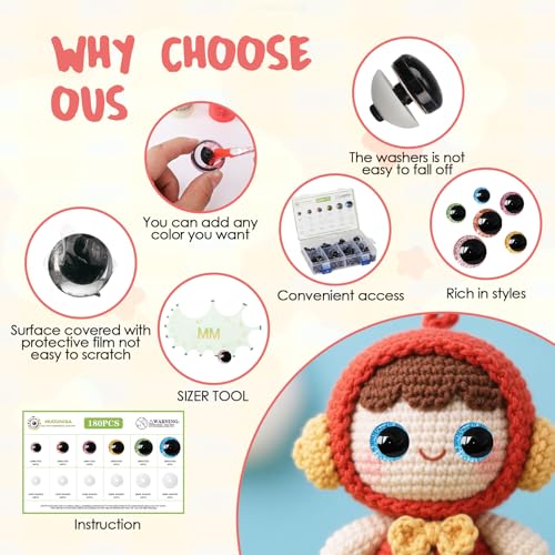 MUCUNNIA 180pcs 12-30mm 3D Moon Glitter Safety Eyes for Dolls with Washers - color: moon