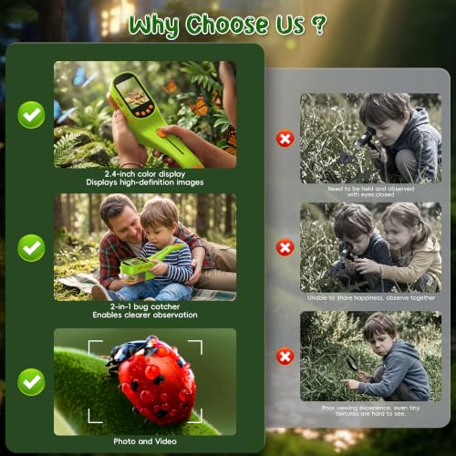 CIMELR Bug Catcher for Kids with 2.4" Screen, 500X Digital Microscope, 1080P Photo/Video, 1000mAh Battery, 8 LED, PC Real-Time Imaging, STEM Nature Toy & Gift for Boys Girls Ages 3-12 - color: Light Green
