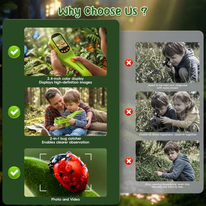 CIMELR Bug Catcher for Kids with 2.4" Screen, 500X Digital Microscope, 1080P Photo/Video, 1000mAh Battery, 8 LED, PC Real-Time Imaging, STEM Nature Toy & Gift for Boys Girls Ages 3-12 - color: Light Green