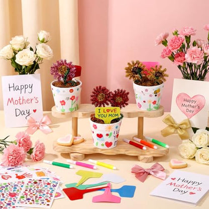 Funnymoom 48 Set Mother's Day Pot Crafts Paintable Flower Pot Craft Kit DIY with Watercolor, Pen Stickers, Plant Labels Garden Growing Kits for for Mom Spring Mother's Day Fun Activity - style: Mother's Day