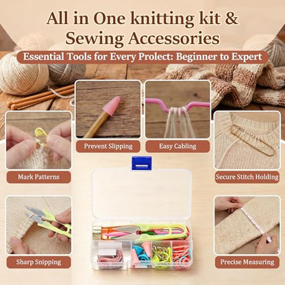 Gulfmew All in One Knitting Kit with Automatic Needle Threader, Sewing Accessories Set with Scissors, Stitch Markers & Portable Storage Case, Easy Threading Tool for Beginners, Crochet & DIY Crafts