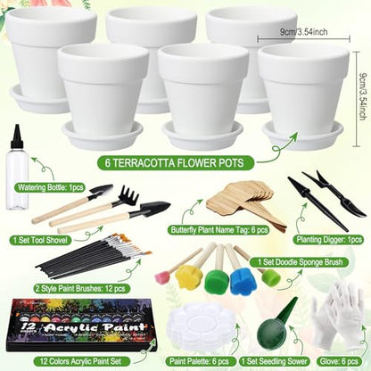 6 Sets DIY Flower Pot Painting Kit 6 White Terracotta Flower Pots with Saucer Planting Gardening Tools 12 Color Acrylic Paints Set Plant Growing Crafts Spring Garden Gift