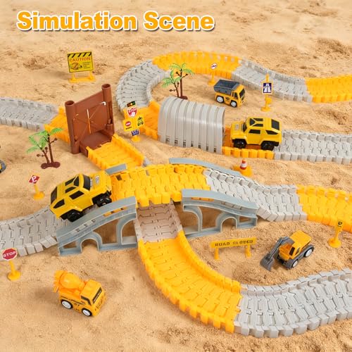 BEMITON Construction Race Track Toys for Kids - Birthday Gift for 3 4 5 6 7 Year Old Boys, 330+ PCS Track Playset with Electric Cars and Construction Trucks, DIY Engineering Road Building Sets - color: Yellow Construction Race Track