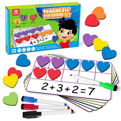 Coogam Magnetic Ten Frame Set, Math Manipulative Games for Kids with 6 Ten Frames 60 Magnetic Math Counters, Montessori Educational Toy Gift for Preschool Kindergarten 3 4 5 Year Old Toddlers - style: love shape