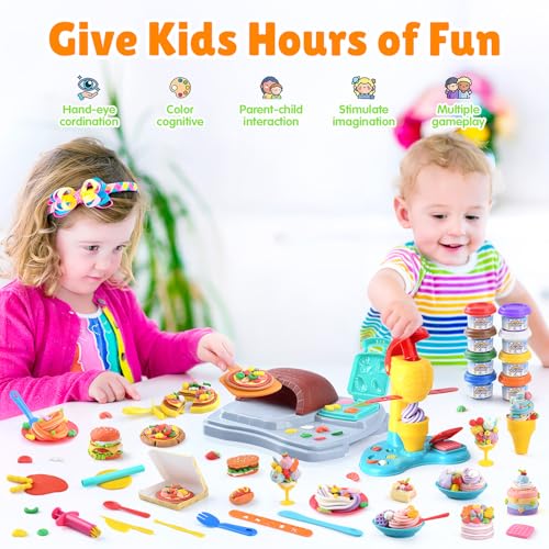 2 in 1 Color Dough Sets for Kids Ages 2-4-8, Kitchen Creations Ice Cream Pizza Maker Machine, Art Crafts Play Food Toys for 3 Year Old Girls Boys and Up, 8 Cans of Modeling Compound Dough,2 oz Cans - color: Blue Yellow