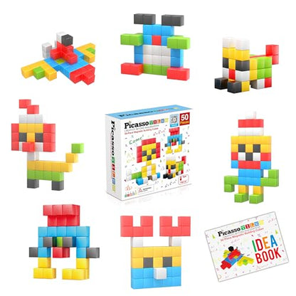 PicassoTiles Kids Pixel 1” Magnetic Puzzle Cube Mix & Match with Free Ideabook Sensory Toys STEAM Learning Building Block Magnets Construction Toy Set Stacking Magnet Creative Kit - style: 50pc