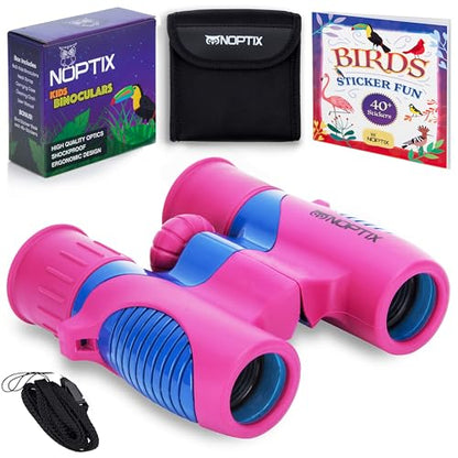 Binoculars for Kids, Girls or Boys Real Kids Binoculars in Vibrant Pink Blue - includes Sticker Book with 40 Bird Species - Kids Toys Small Binoculars, Toddler Binoculars - color: Pink and Blue