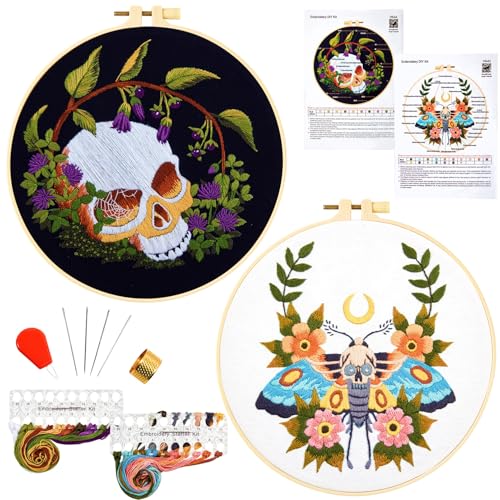 Gothic Skull Embroidery Starter Kits for Beginners Adults, Halloween Stamped Cross Stitch Kit for Beginners Adults, Flowers Hand Embroidery Needlepoint Kit, 2 Embroidery Hoop (Attached Video Tutorial) - color: Skull, size: 8inch