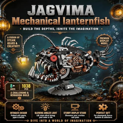 Mechanical Angler Fish Building Blocks Set – 1038PCS Steampunk Deep Sea Creature Model, Ocean Animal STEM Kit for Adults, 3D Collection Puzzle with LED Lantern & Movable Jaw