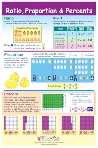 NewPath Learning Grade 5 Math Anchor Charts Set of 10 (12x18") & 25-Page Resource Guide Covering Advanced Fractions, Algebra & Geometry for Classroom & Homeschool Use (93-9950)