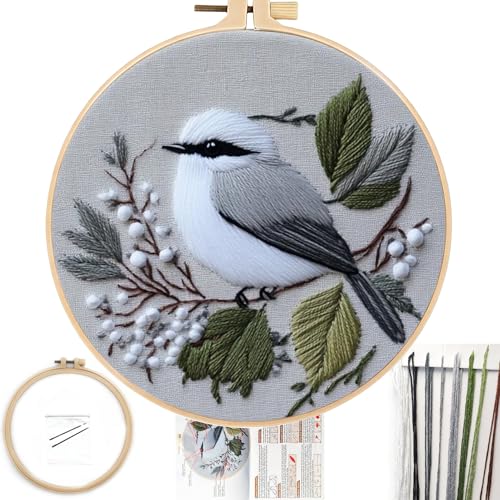 FONNUY Wild Birds Embroidery Kit, Pre-Stamped Green Tree Bird Patterns Kits for Adults and Beginners, Handmade DIY Crafts Set, Color Thread Needlework, 8'' Hoop (Chubby Little Bird) - color: Chubby Little Bird