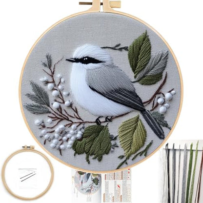 FONNUY Wild Birds Embroidery Kit, Pre-Stamped Green Tree Bird Patterns Kits for Adults and Beginners, Handmade DIY Crafts Set, Color Thread Needlework, 8'' Hoop (Chubby Little Bird) - color: Chubby Little Bird