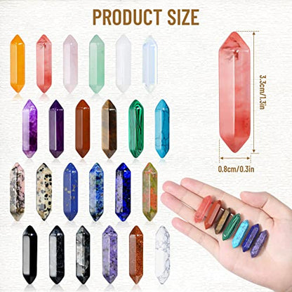 24Pcs Healing Crystals Stones Sets, Hexagonal Bullet Shaped Reiki Meditation Gemstone Chakra Stones Tiger Eye Obsidian Quartz Crystals Gemstone Wand Set Pendants with Storage Box - size: 24PCS