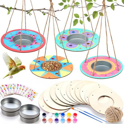 CroBlissful 12 Pack Bird Feeder Craft Kits for Kids DIY Your Own Bird Feeders with Paint and Paintbrushes Wooden Arts and Crafts for Kid Ornaments to Paint Feeders Craft for Garden (Round) - style: Round