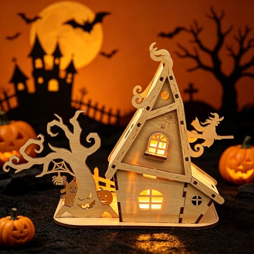 Halloween Witch House 3D Wooden Puzzle Kit - DIY Haunted House Building Model for Adults, Spooky Halloween Decorations, Fun Craft Gift for Teens
