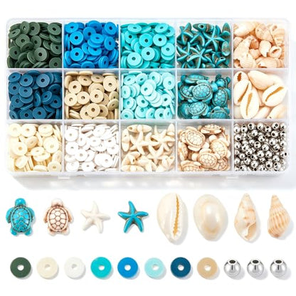 UNICRAFTALE 1 Box About 1000Pcs Turtle Beads Starfish Beads Bohemian Style Natural Shell Charms Colorful Flat Round Summer Ocean Sea Animal Bead Set Flat Preppy Bead for Jewelry Making - color: White & Blue