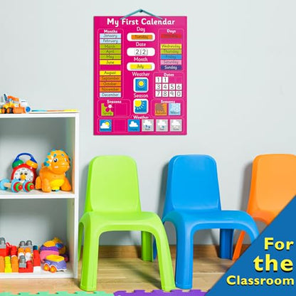 My First Magnetic Pink Calendar for Kids, Rigid Board (40x32 cm) plus Easy Hanging Loop, Days of the Week, Date & Month of the Year, Weather & Seasons, Suitable for learning at Home or in a Classroom - color: Pink