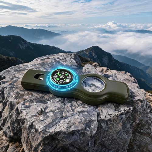 Emergency Survival Safety Whistle，Whistle for Kids with Lanyard,Compass,Thermometer,Ideal for Kayaking, Boating, Hiking, Camping, Climbing - color: Army Green Whistle 2