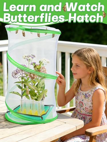 Complete Butterfly Habitat Kit - 14" W x 20" H Large Collapsible Mesh Growing Cage & Hydroponic Feeding Tubes/Rack Holder & Messproof Mat & Guide, Easy to Set Up, Monarch Caterpillars Enclosure House