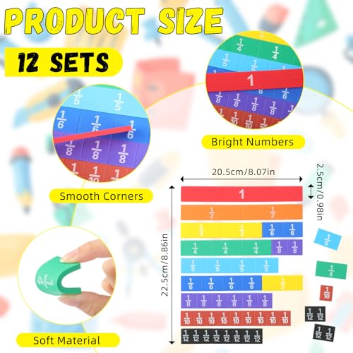 Sayglossy 12 Sets Fraction Tiles Sets for Math Fraction Manipulatives Montessori Math Materials EVA Foam Algebra Tiles Games for Classroom Teaching Aids, Homeschool Supplies
