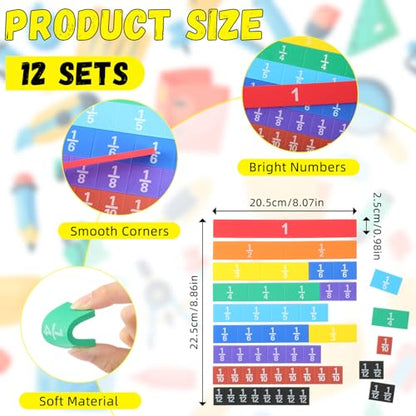 Sayglossy 12 Sets Fraction Tiles Sets for Math Fraction Manipulatives Montessori Math Materials EVA Foam Algebra Tiles Games for Classroom Teaching Aids, Homeschool Supplies