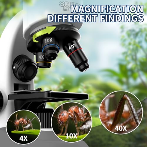 Microscope for Kids Scientific Experiment Kit 40X-1600X Magnification LED Light Educational STEM with Slides and Lab Tools Ages 6-12 (White) - color: White