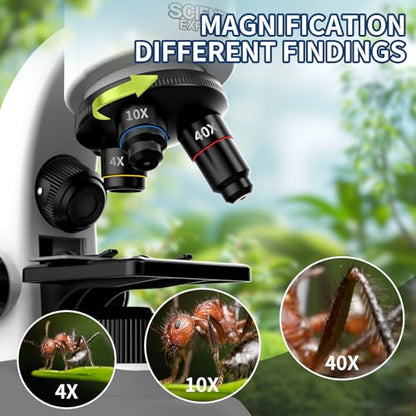 Microscope for Kids Scientific Experiment Kit 40X-1600X Magnification LED Light Educational STEM with Slides and Lab Tools Ages 6-12 (White) - color: White