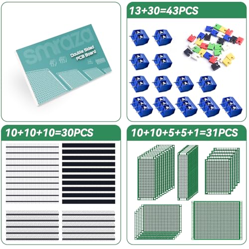 Smraza 104pcs Double Sided PCB Board Kit, Prototype Boards for DIY Soldering and Electronic Project Circuit Boards Compatible with Arduino Kits, 30PCS 40 Pin 2.54mm Male and Female Header Connector