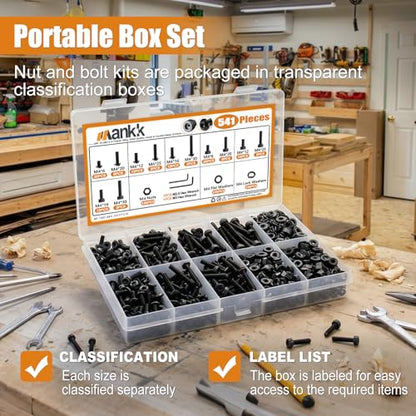 mankk 541PCS M4 Metric Screws Assortment Kit M4x6/12/16/20/25/30mm Hex Socket Button & Cap Head Screws Bolts Kit 12.9 & 10.9 Grade Black Alloy Steel Machine Screw - size: M4, style: Button&Hex Socket Cap