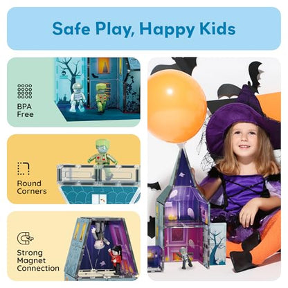 PicassoTiles 57 PCS Magnetic Tiles Halloween Haunted House STEM Set Ages 3+ - color: Haunted House