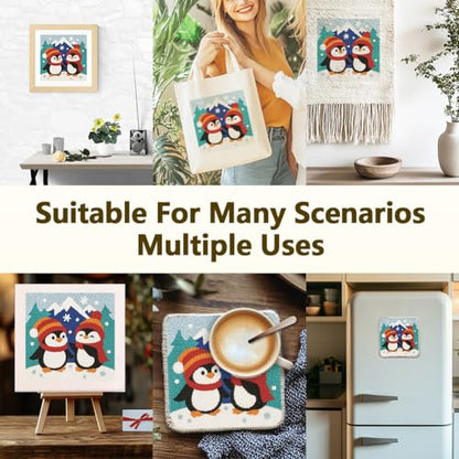 DOODLREAM Christmas Penguins DIY Punch Needle Embroidery Kit for Adult Beginner, 9.4" Snow Mountain Animal Punch Stitching Craft Set for Starter with Frame,Fabric Pattern,Threader, Yarn, Pinch Needle - color: Penguins