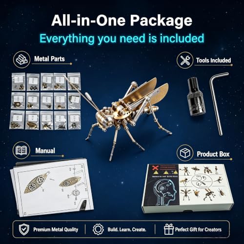 Steampunk Cricket 3D Metal Puzzle Model – 160+ Pcs Mechanical Screw Assembly Kit Level 3/5 3 Hrs Build No Glue Desk Ornament Birthday for Father Husband(Cricket) - style: Cricket