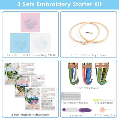 ERKOON 3 Sets Embroidery Kit, Floral Cross Stitch Set for Include Embroidery Cloth Hoops Threads for Craft Lover Hand Stitch (Landscapes) - color: Landscapes